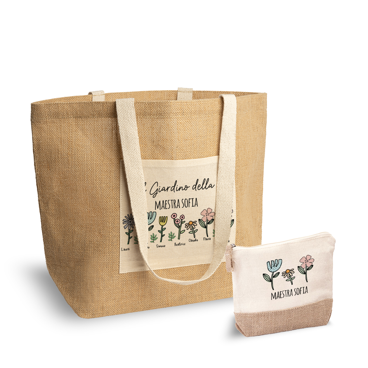 Giardino della maestra - Set Combo Borsa mare e Pochette in Juta laminata - personalizzata
