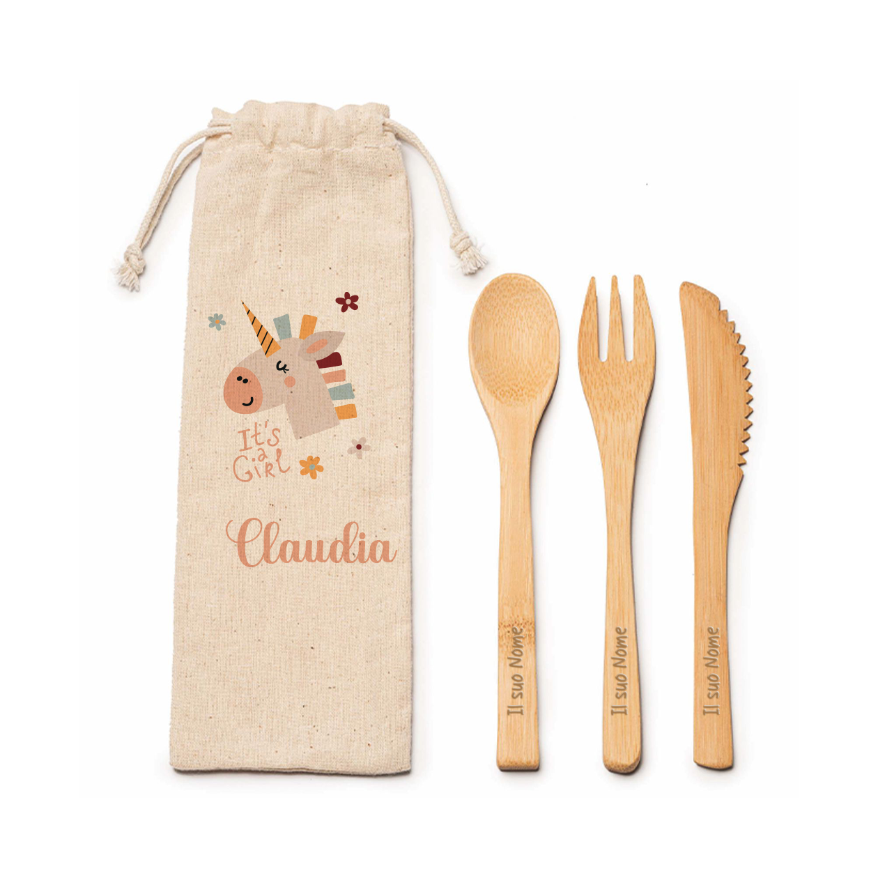 Unicorno - Posate in legno - personalizzate con nome