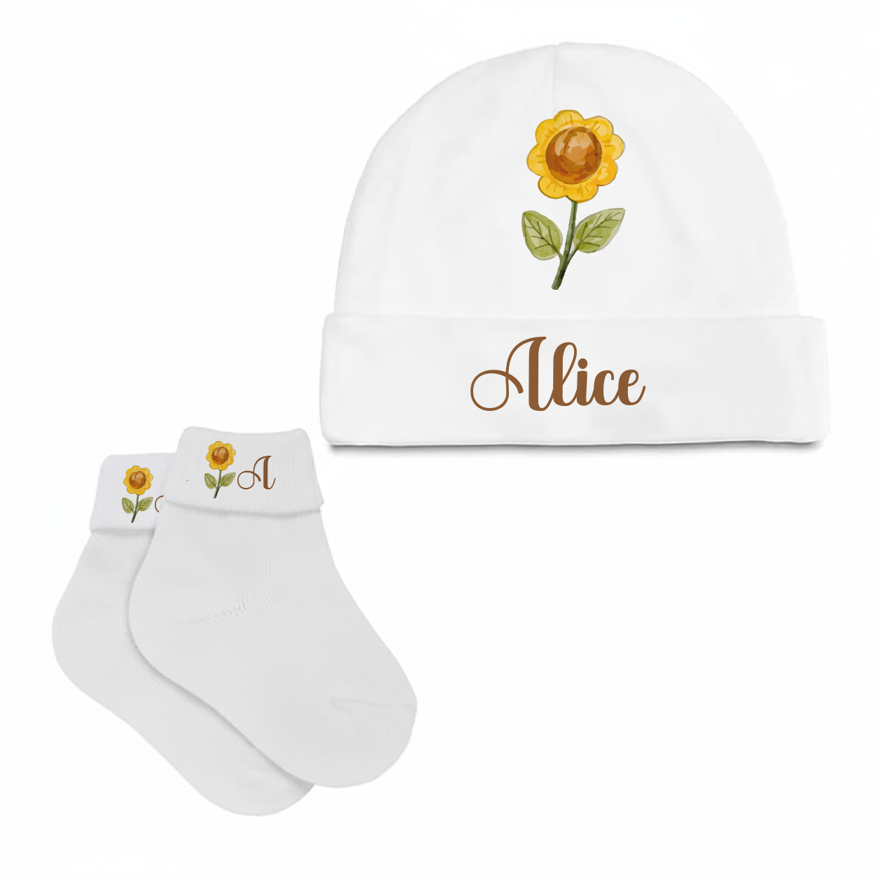 Baby Flower - Set Nascita Cappellino + Calzini - personalizzato con nome