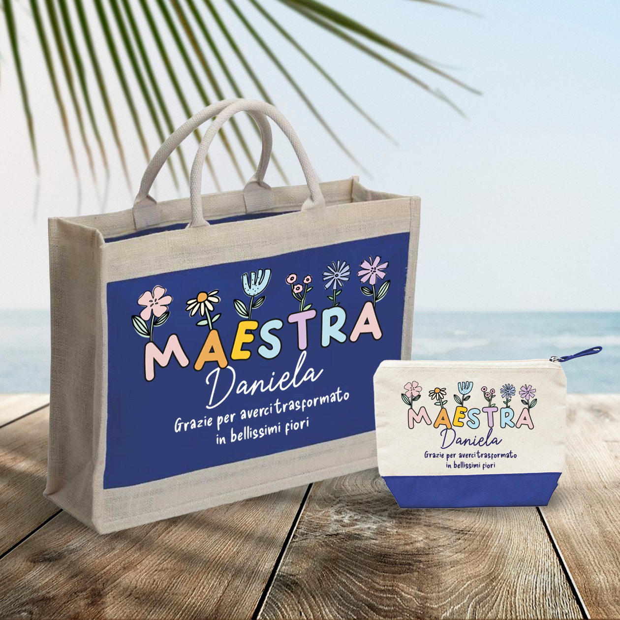 Grazie per averci trasformato in bellissimi fiori - Combo: Borsa mare + Pochette - personalizzata con nome