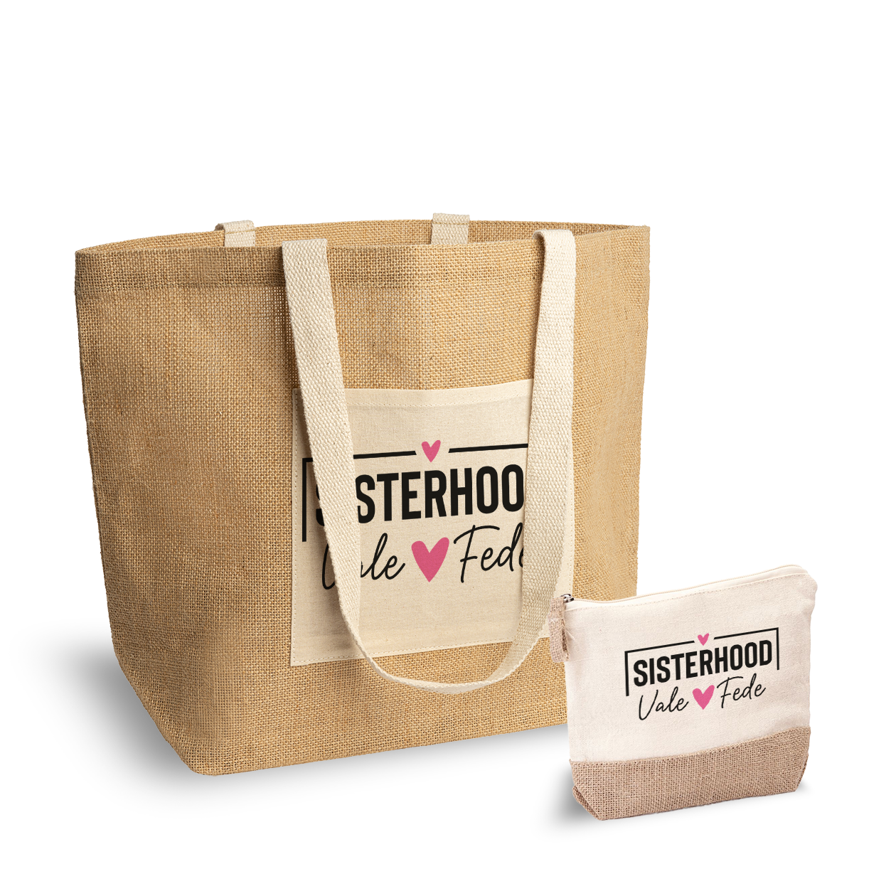Sisterhood - Set Combo Borsa mare e Pochette in Juta laminata - personalizzato con nomi