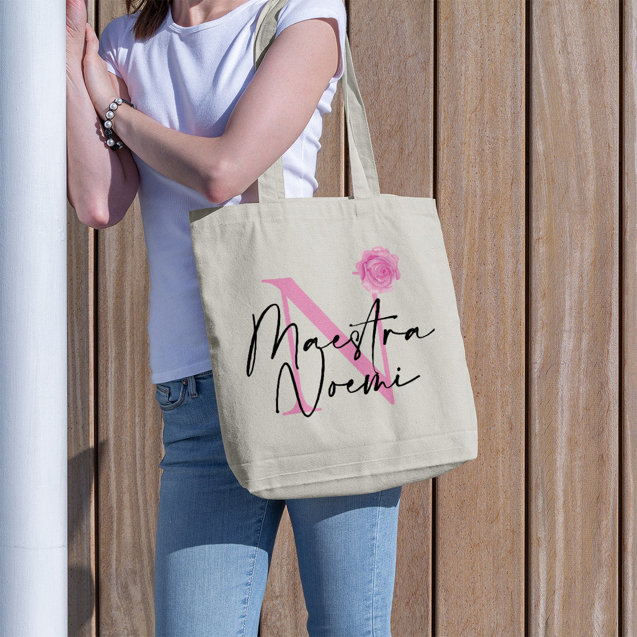 Maestra pink flower - Borsa Mare - idea regalo maestra - personalizzata con nome