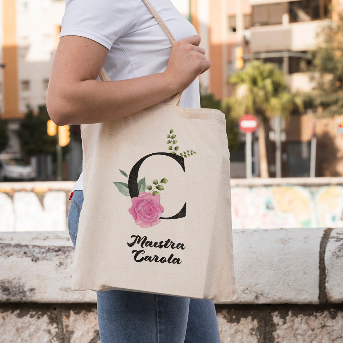 Maestra pink flower and letter - Borsa Mare - idea regalo maestra - personalizzata con nome