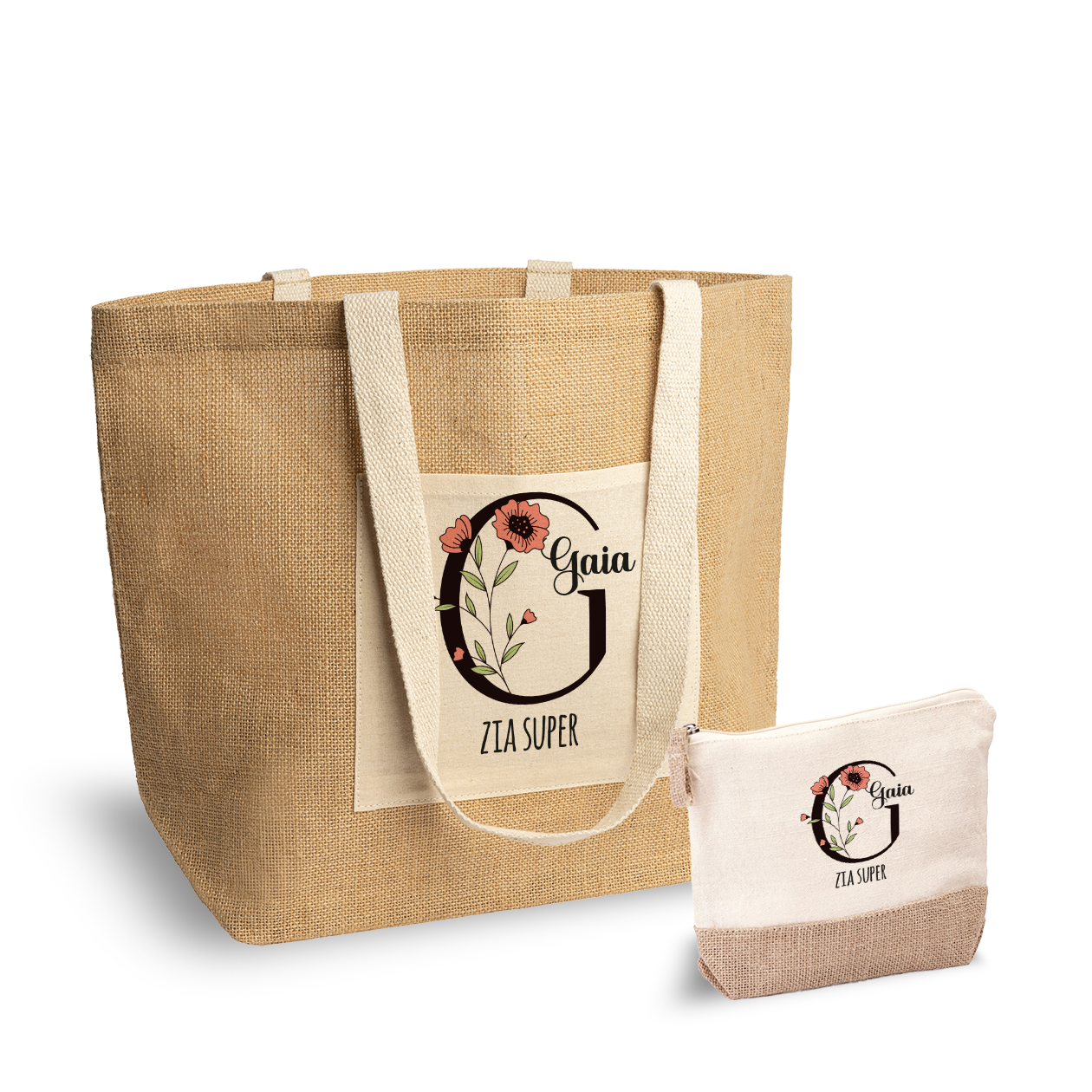 Zia super - Set Combo Borsa mare e Pochette in Juta laminata - personalizzato con nome e iniziale