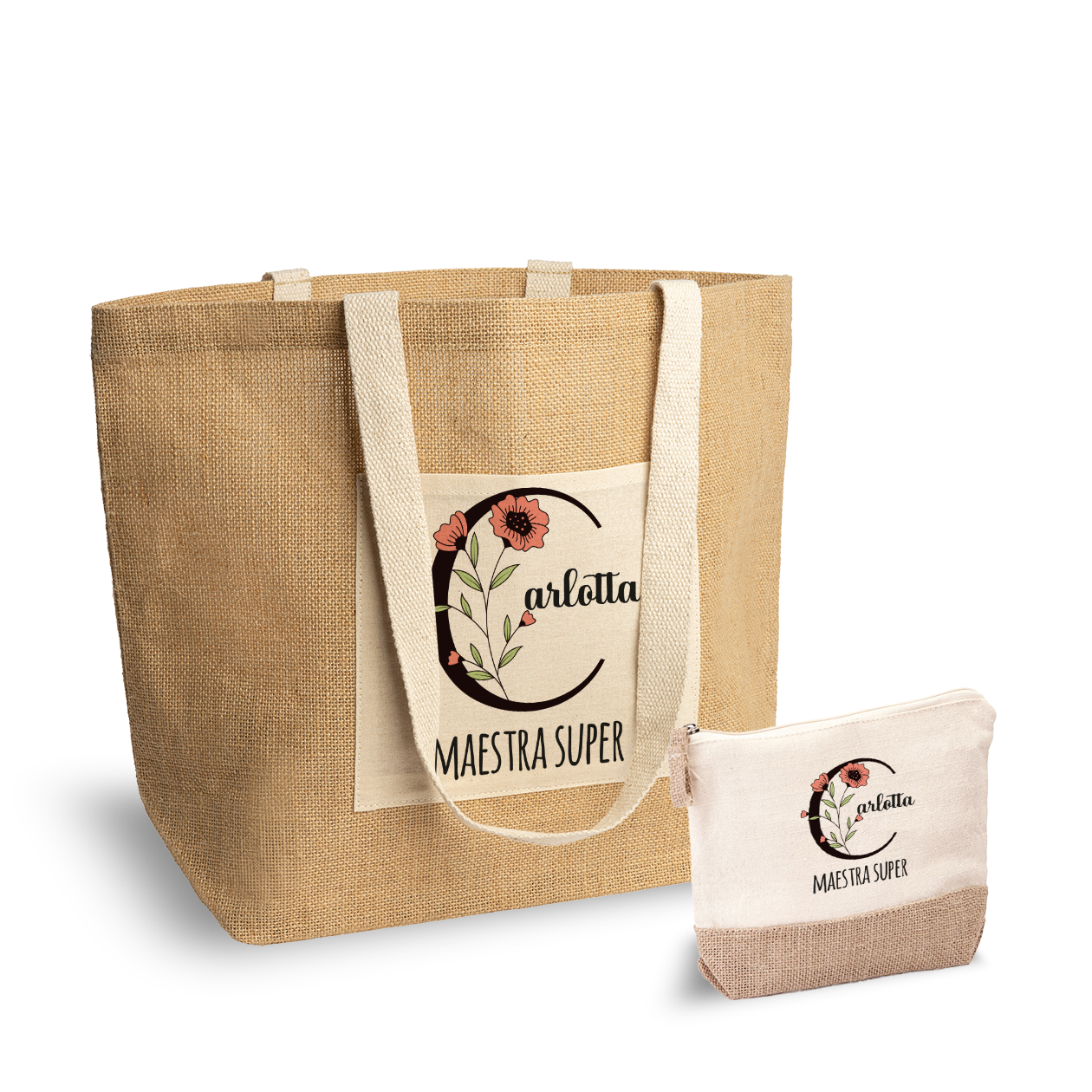 Maestra super - Set Combo Borsa mare e Pochette in Juta laminata - personalizzata con nome e iniziale