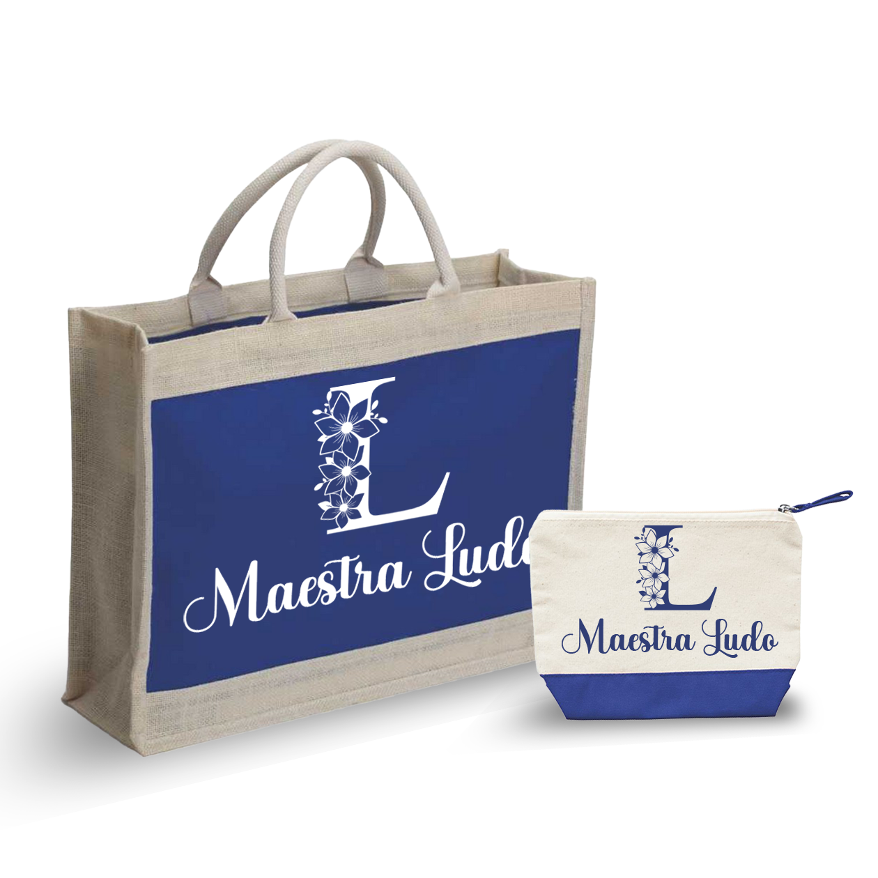 Maestra Flower elegant name - Combo: Borsa mare + Pochette - personalizzata con nome e iniziale