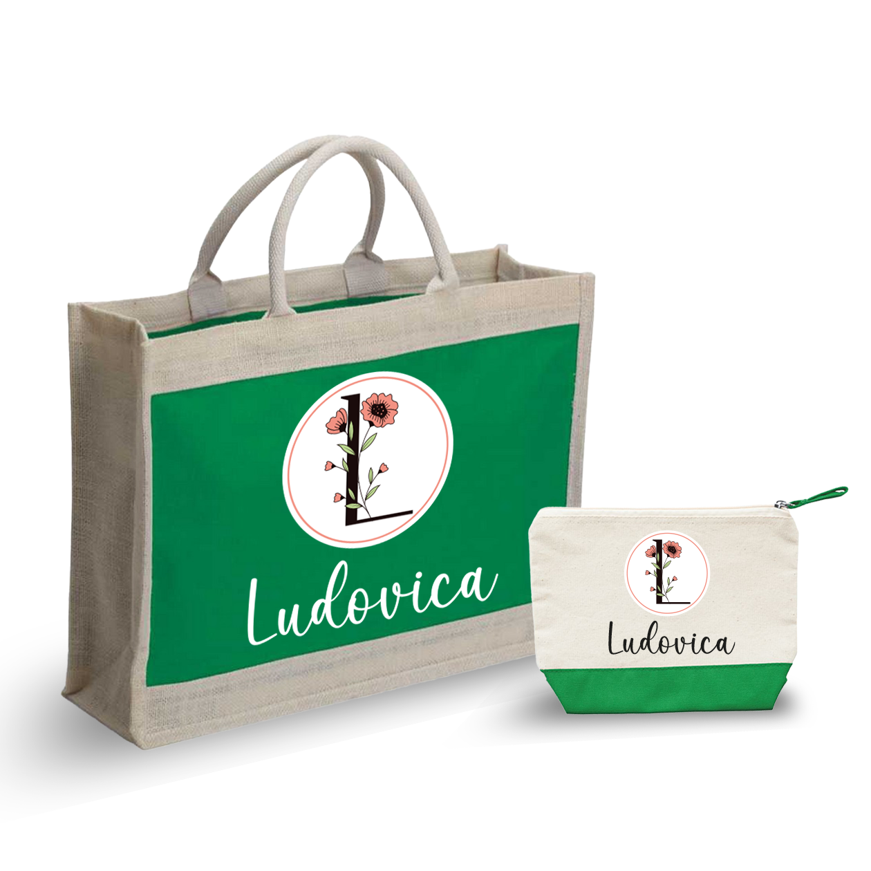 Letter circle name - Combo: Borsa mare + Pochette - personalizzata con iniziale e nome