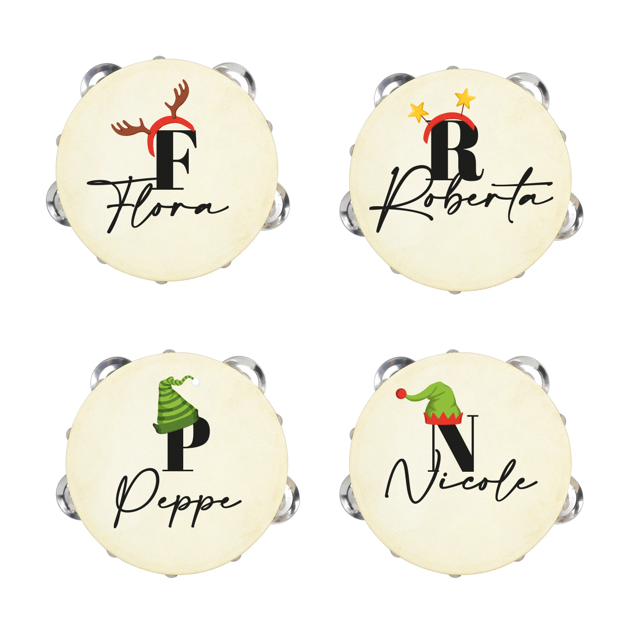 Christmas Name - Set da 10 Tamburelli - personalizzati con nomi e iniziale