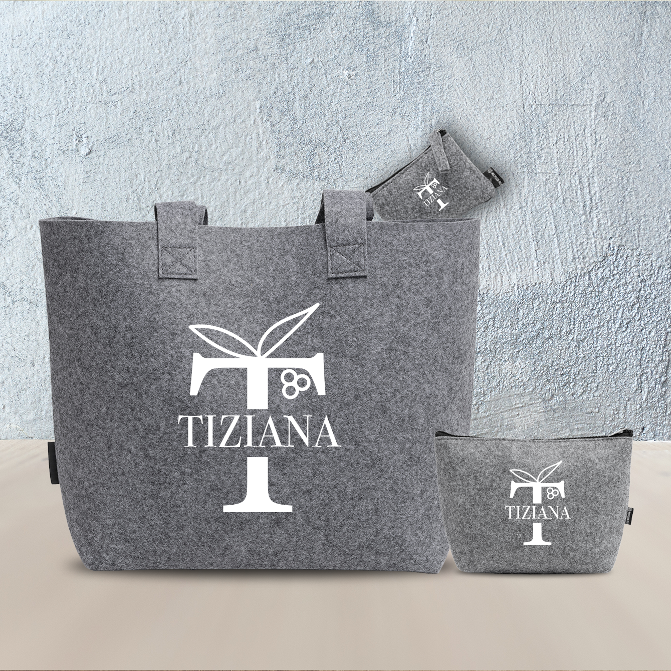 Name Classic - Tris Borse in feltro con designe melange - personalizzato con nome e iniziale