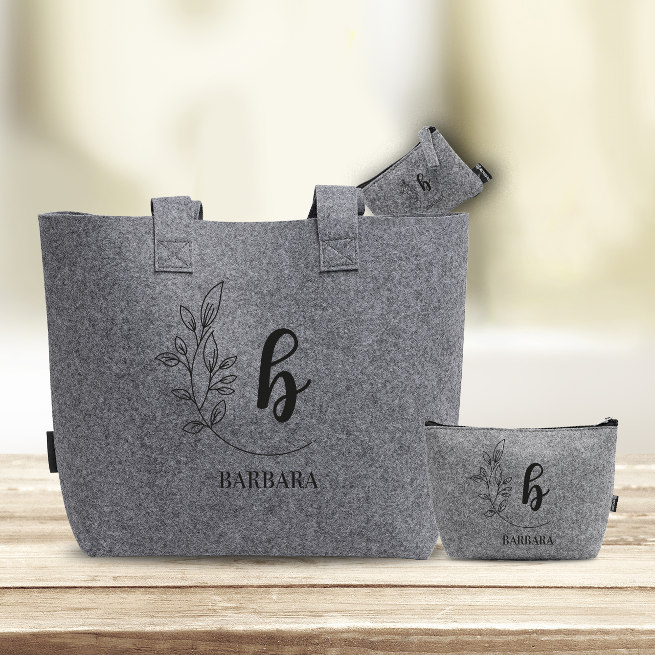 Leaf name - Tris Borse in feltro con designe melange - personalizzato con nome e iniziale