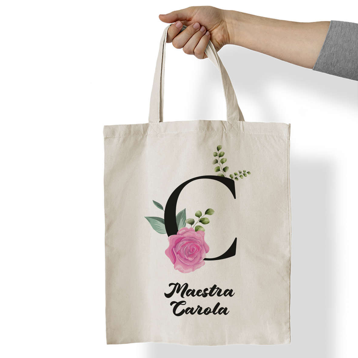 Maestra pink flower and letter - Borsa Mare - idea regalo maestra - personalizzata con nome