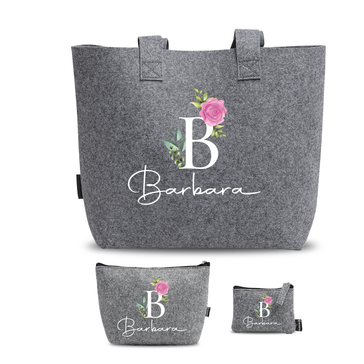 Name rose - Tris Borse in feltro con designe melange - personalizzato con nome e iniziale