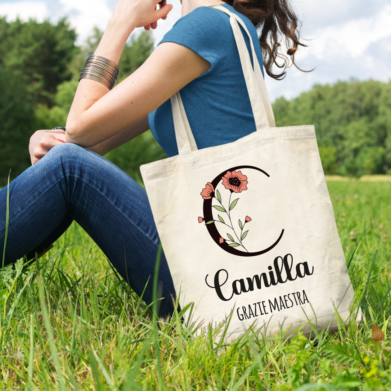 Maestra flower and letter - Borsa Mare - idea regalo maestra - personalizzata con nome