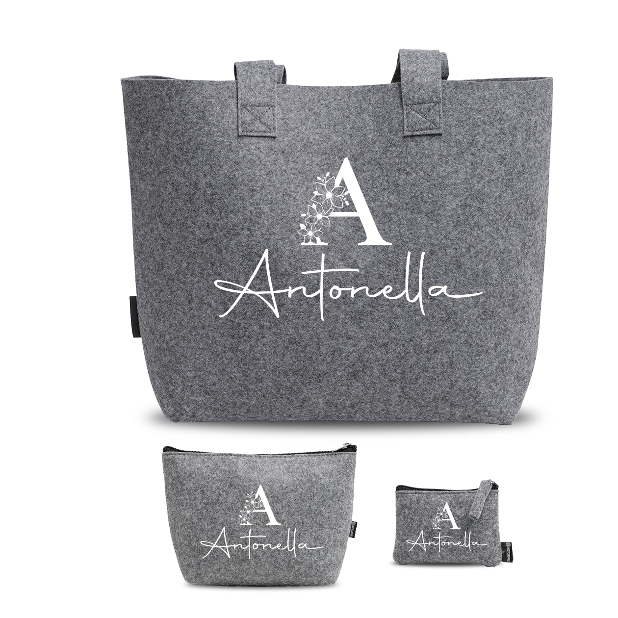 Name Flower - Tris Borse in feltro con designe melange - personalizzato con nome e iniziale