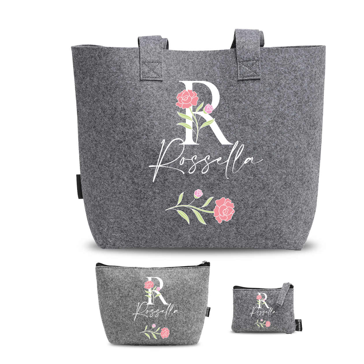 Name Pink Flower - Tris Borse in feltro con designe melange - personalizzato con nome e iniziale