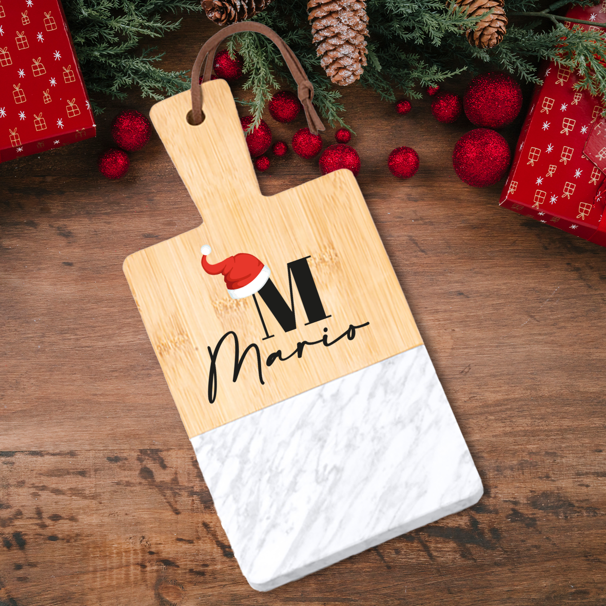 Christmas Name - Tagliere in marmo e bamboo naturale - personalizzato con nome