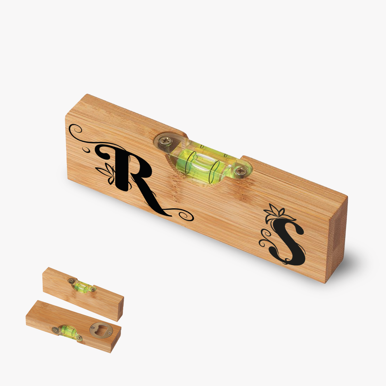 Iniziali flower - Apribottiglia con mini livella - personalizzata con iniziali