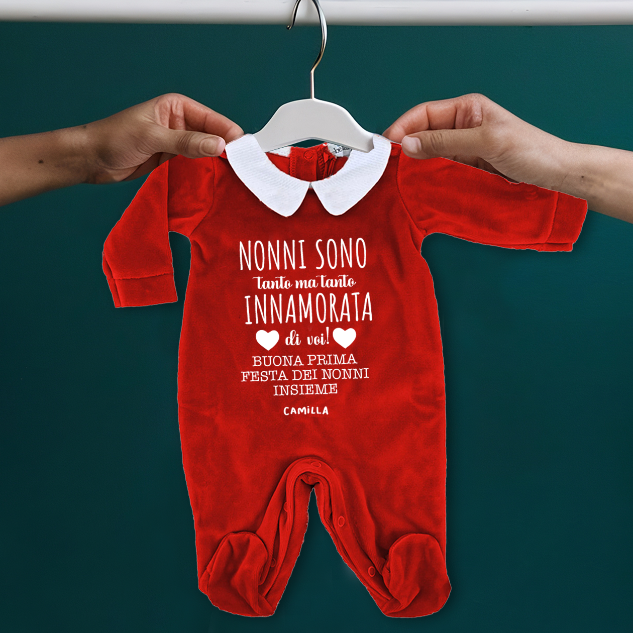 Nonni sono innamorata di voi - Pagliaccetto Neonato in Ciniglia con Colletto Bianco personalizzato con nome