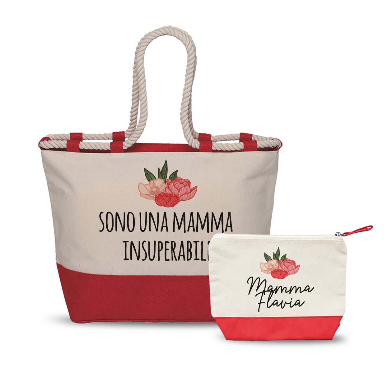 Sono una mamma insuperabile - Combo: Borsa mare + Pochette - personalizzata con nome