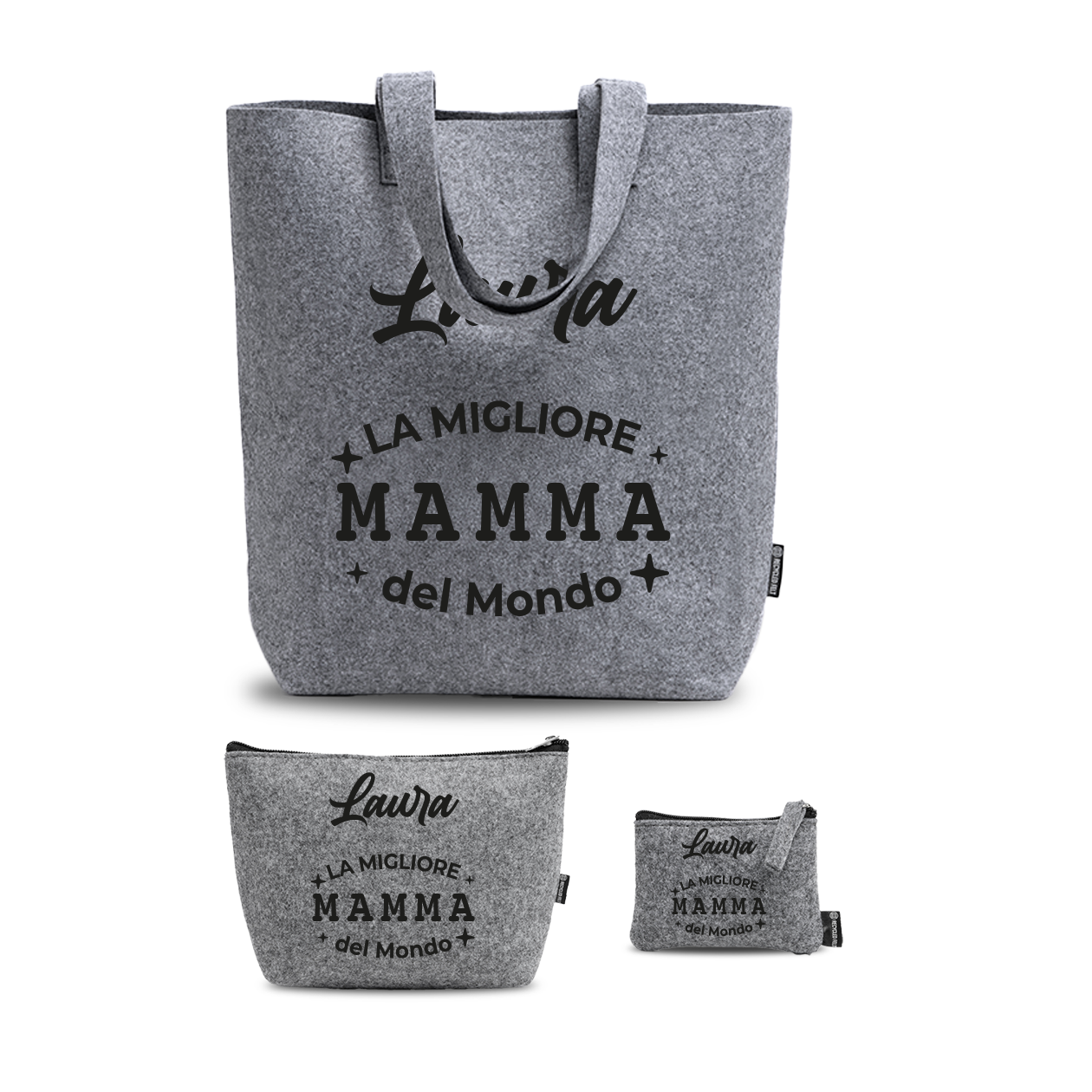 La migliore mamma del mondo - Tris Borse in feltro con designe melange - personalizzato con nome