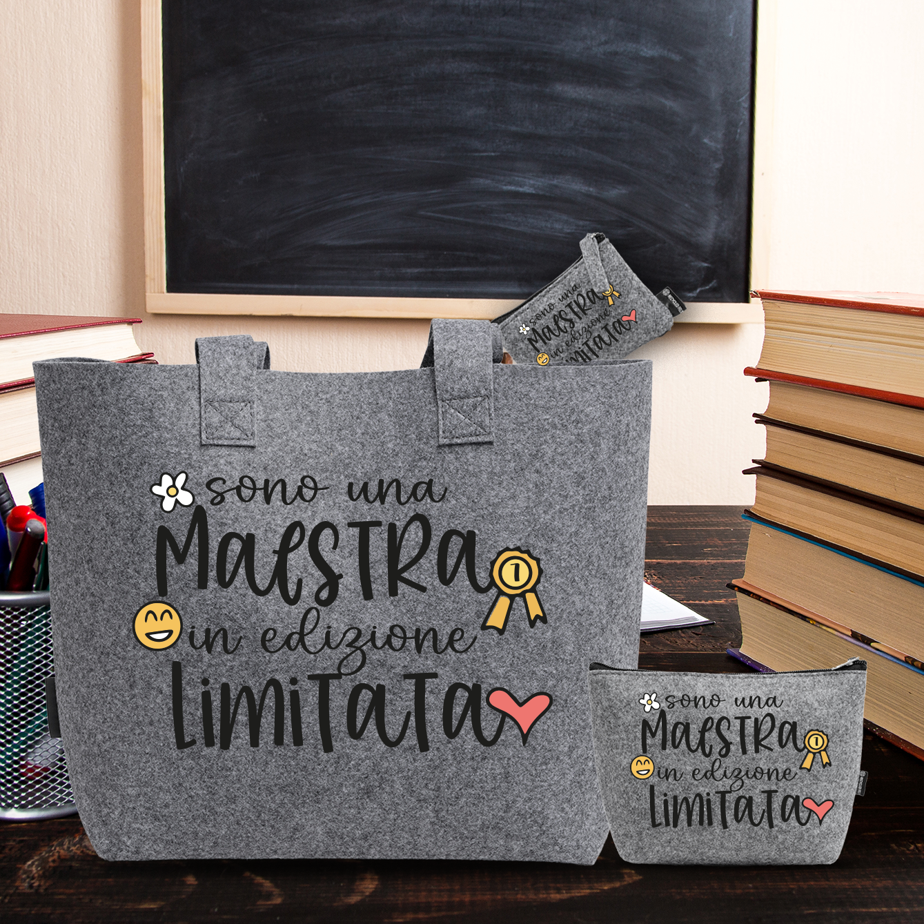 Sono una maestra in edizione limitata - Tris Borse in feltro con designe melange
