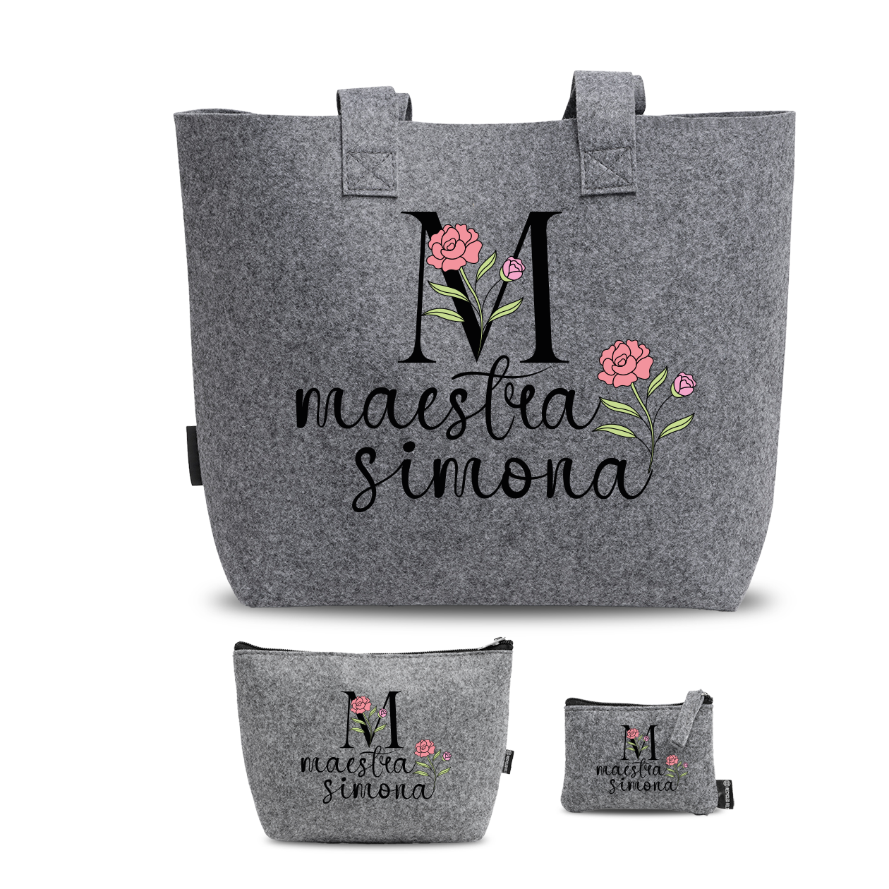 Maestra name pink flower - Tris Borse in feltro con designe melange - personalizzati con nome