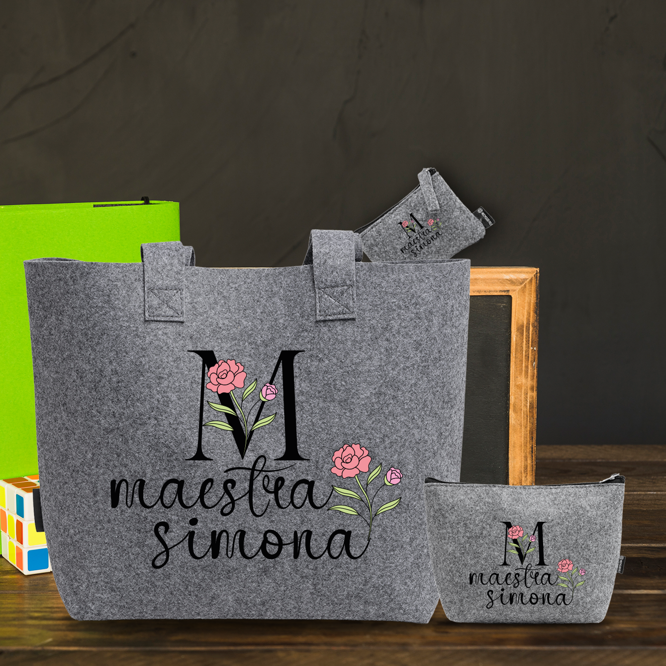 Maestra name pink flower - Tris Borse in feltro con designe melange - personalizzati con nome
