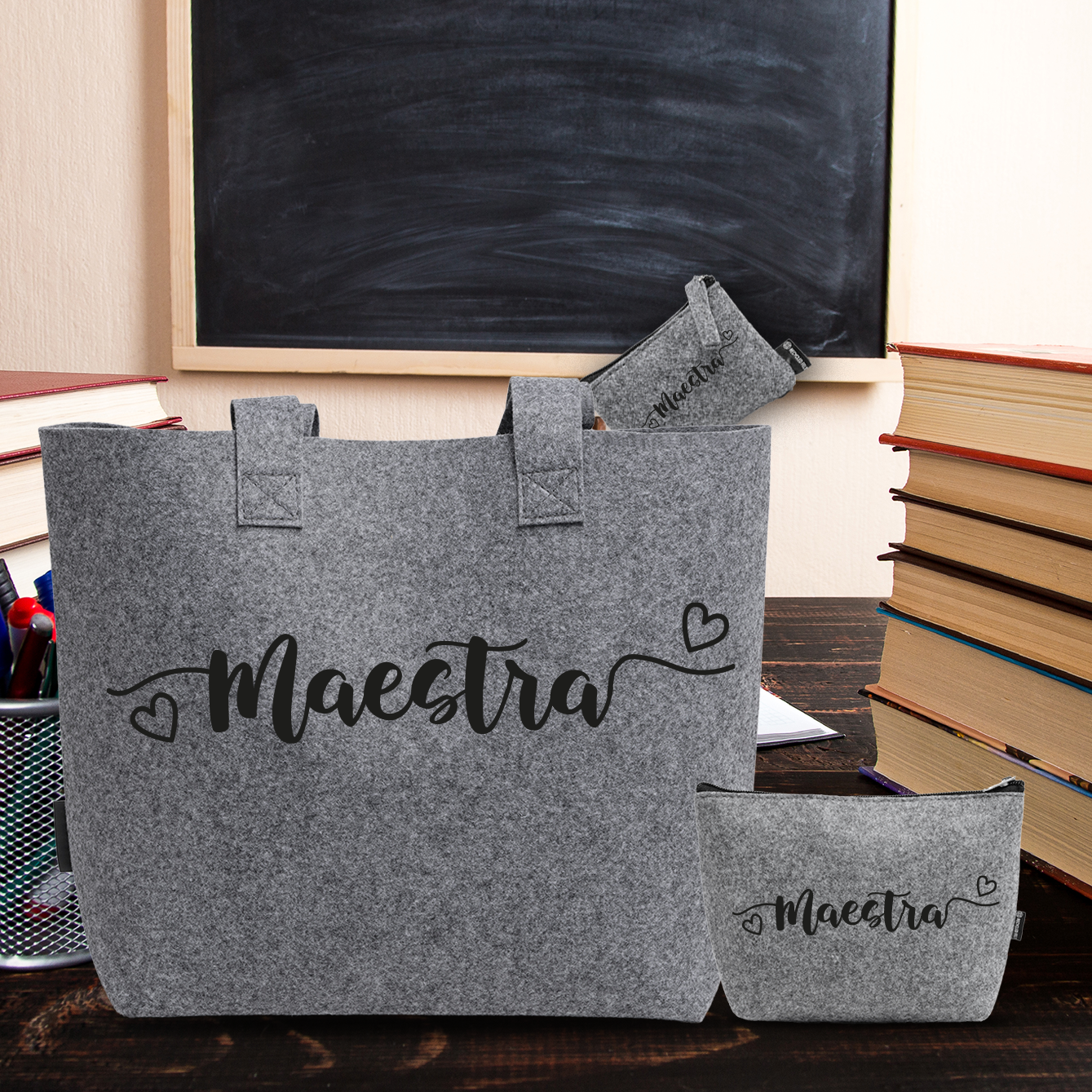 Maestra mini heart - Tris Borse in feltro con designe melange