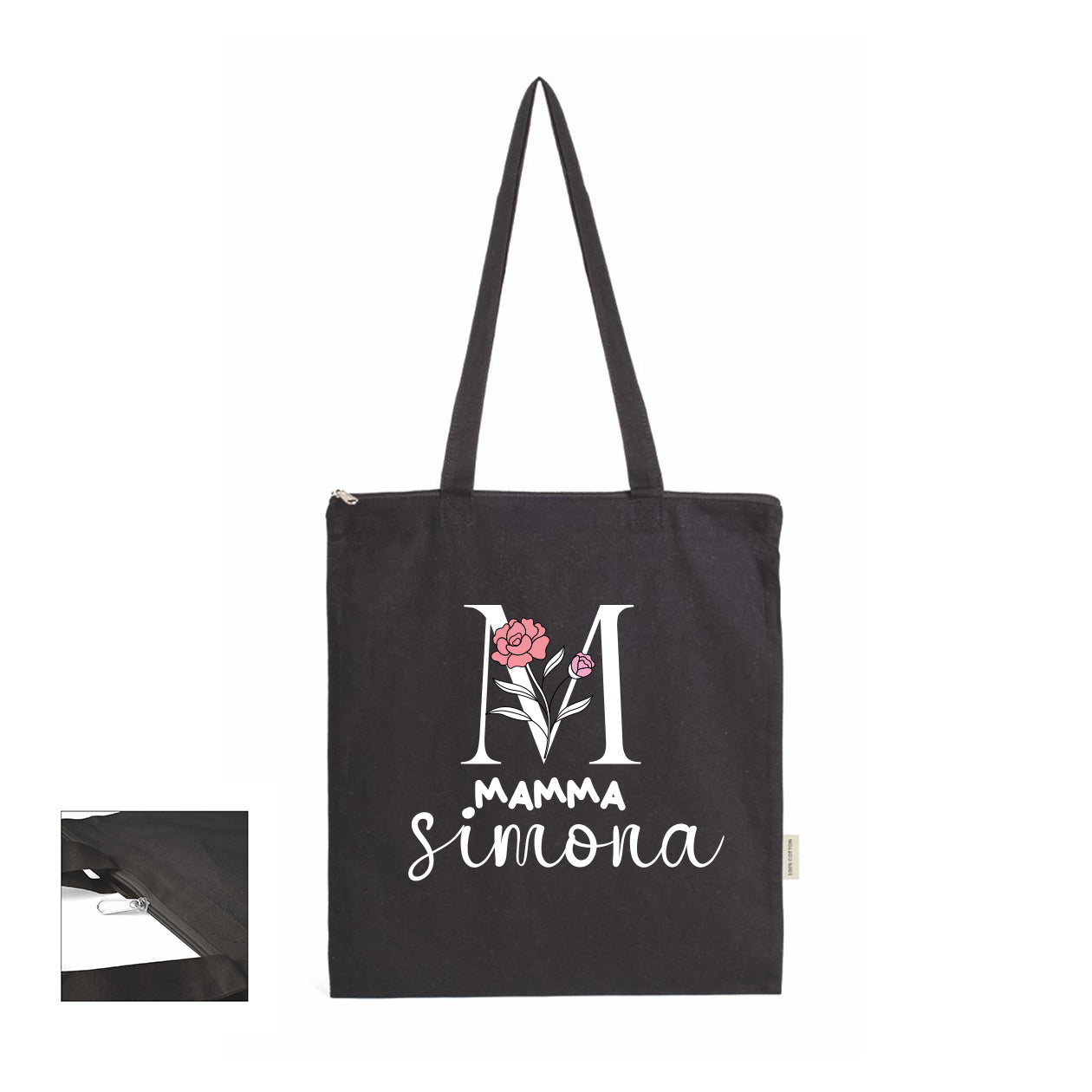 Mamma flower - Shopper In Cotone con chiusura zip - personalizzata con nome e iniziale