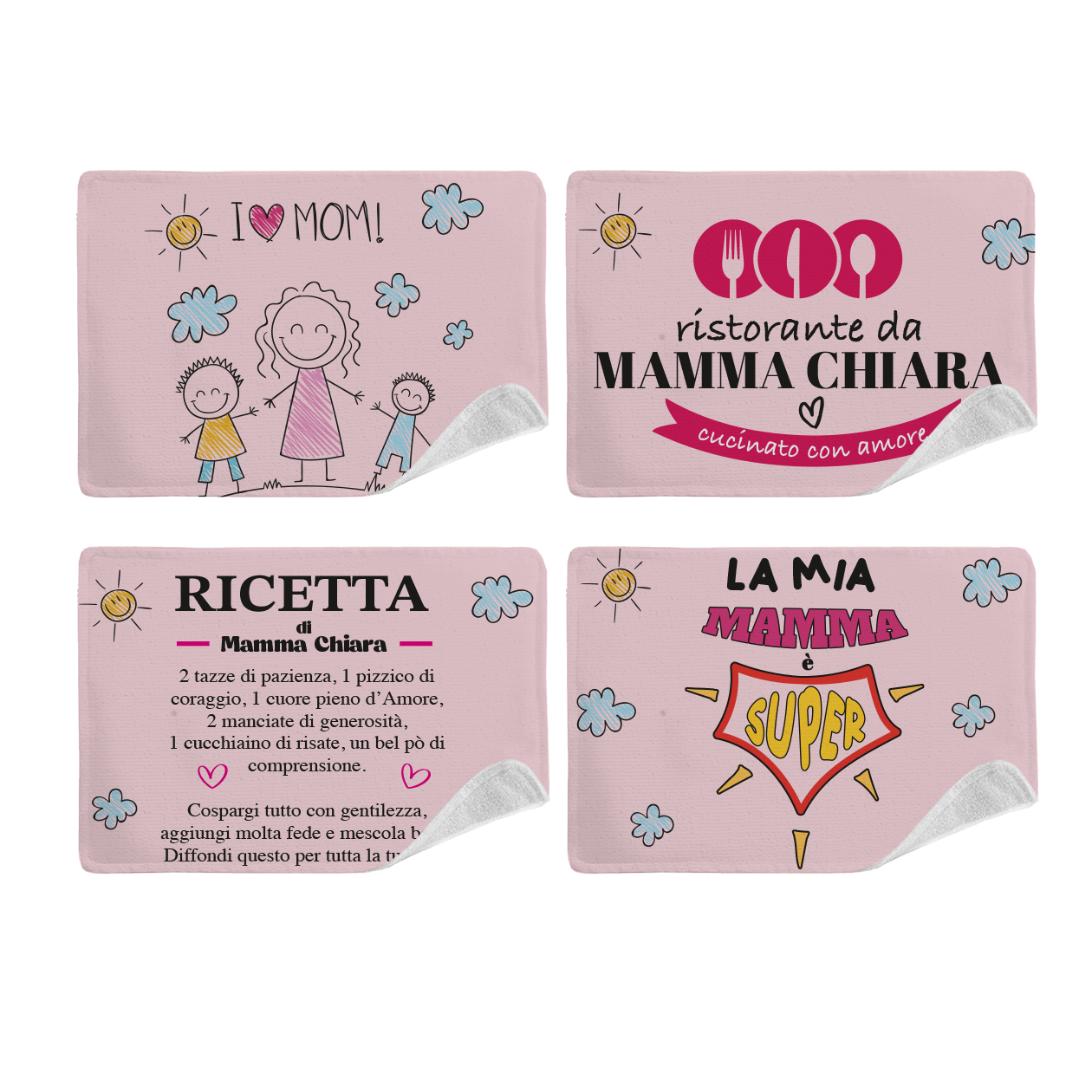 I Love mom - Set di 4 Tovagliette in tessuto lavabile - personalizzata con nome