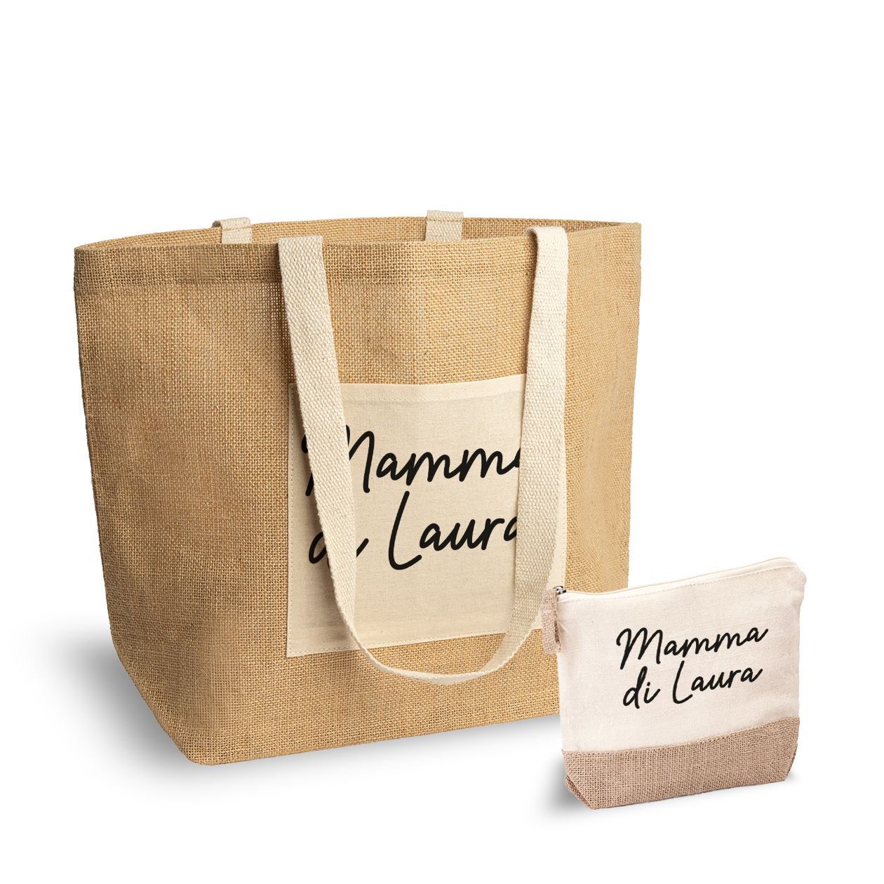 Mamma di - Set Combo Borsa mare e Pochette in Juta laminata - personalizzato con nome