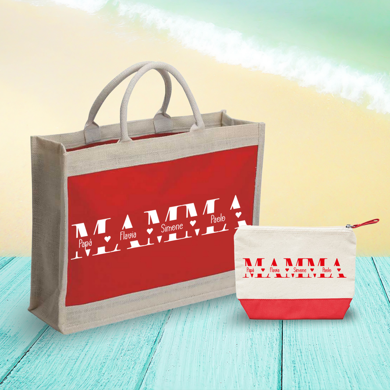 Mamma & Family - Combo: Borsa mare + Pochette - personalizzata con nomi