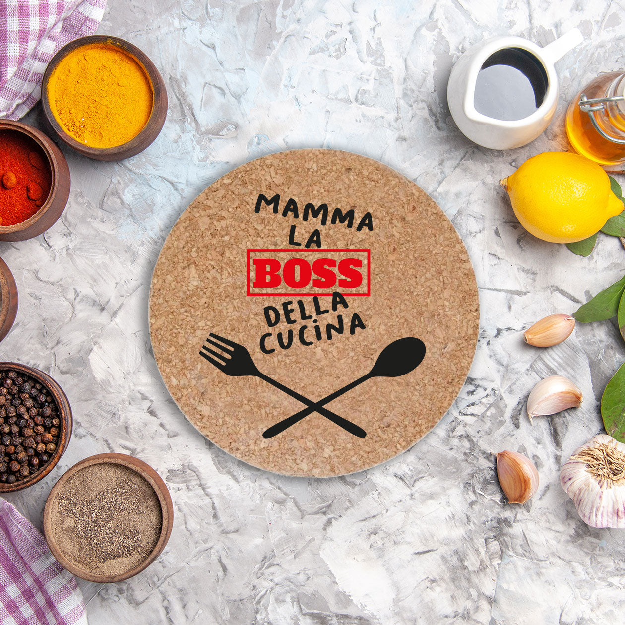 Mamma la boss della cucina - Set da 3 pezzi Sottopentola in sughero naturale 19cm