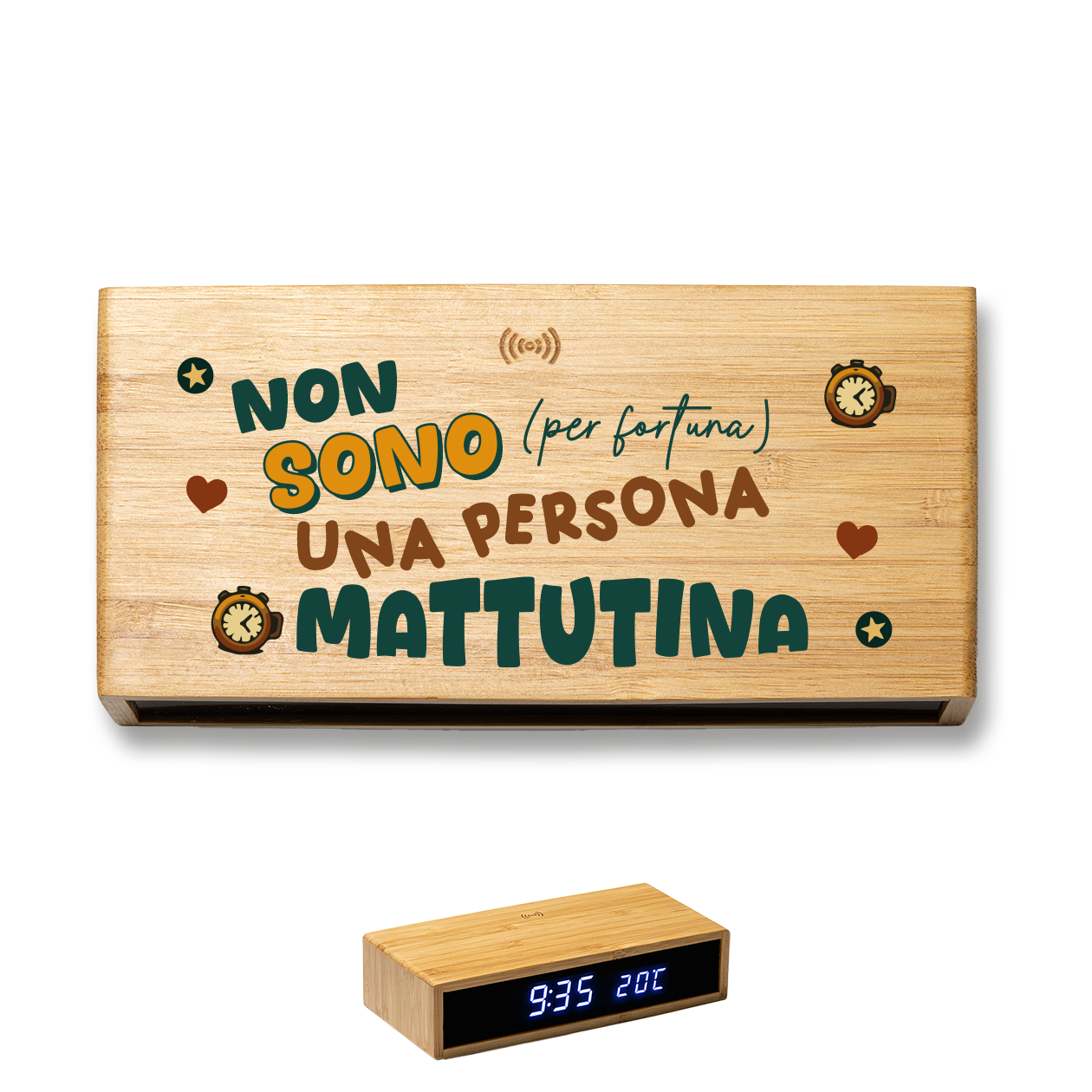 Non sono una persona mattutina - Sveglia Digitale in Bambù con Orologio da Tavolo
