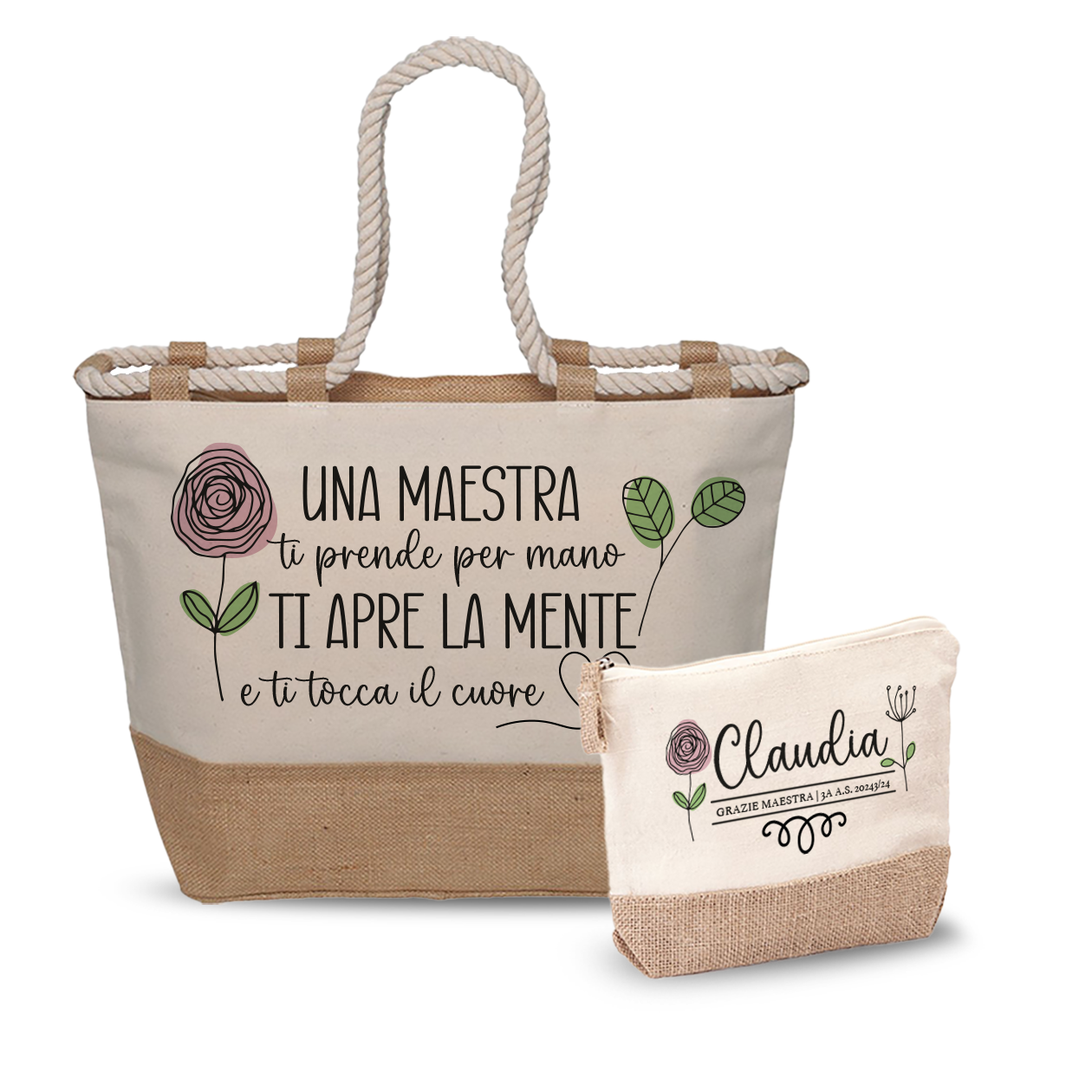 Una Maestra ti tocca il cuore - Combo: Borsa mare + Pochette - personalizzata
