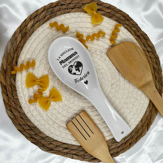 La miglior mamma del mondo - Poggiamestolo in Ceramica Bianca personalizzato con nome