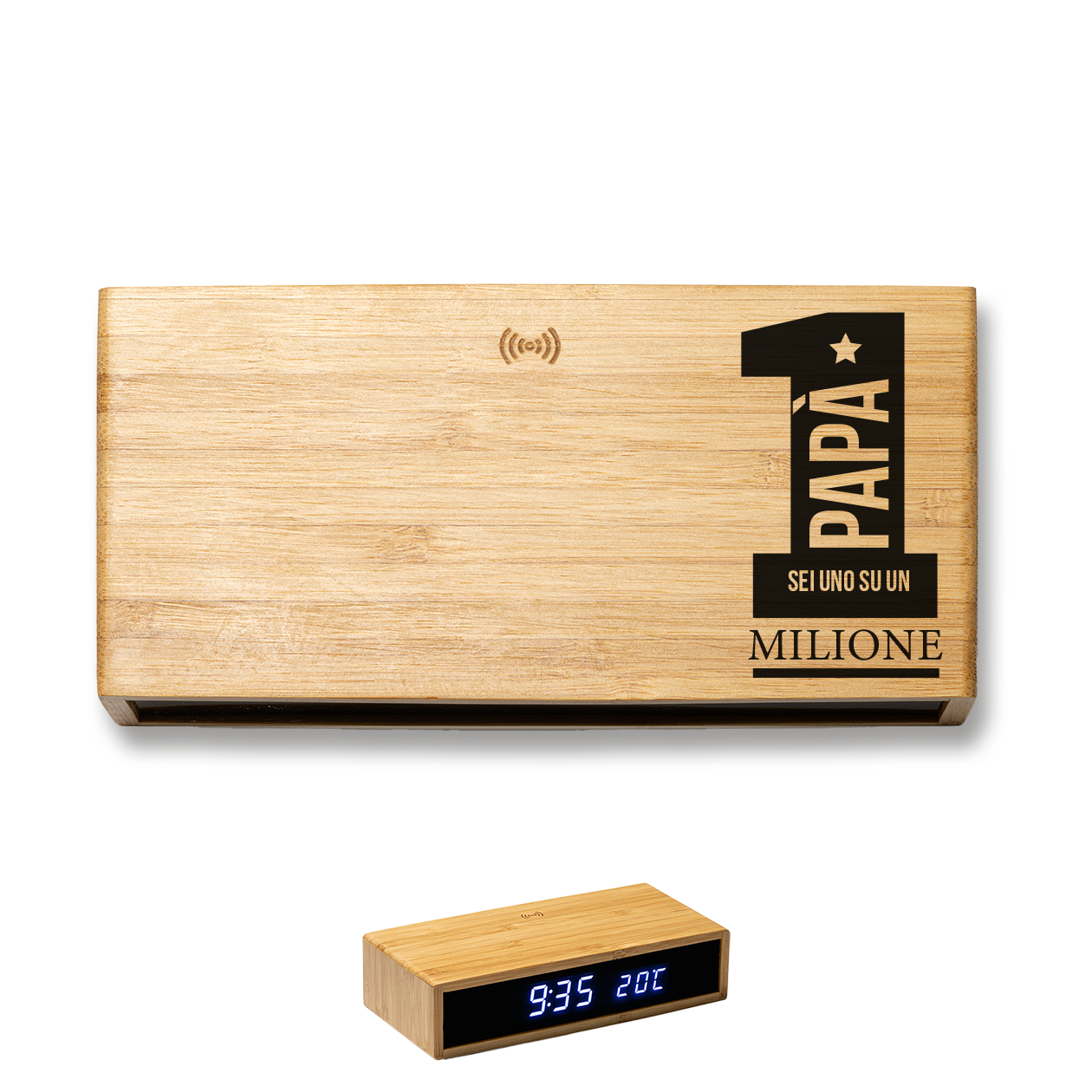 Papà sei uno su un milione - Sveglia Digitale in Bambù con Orologio da Tavolo