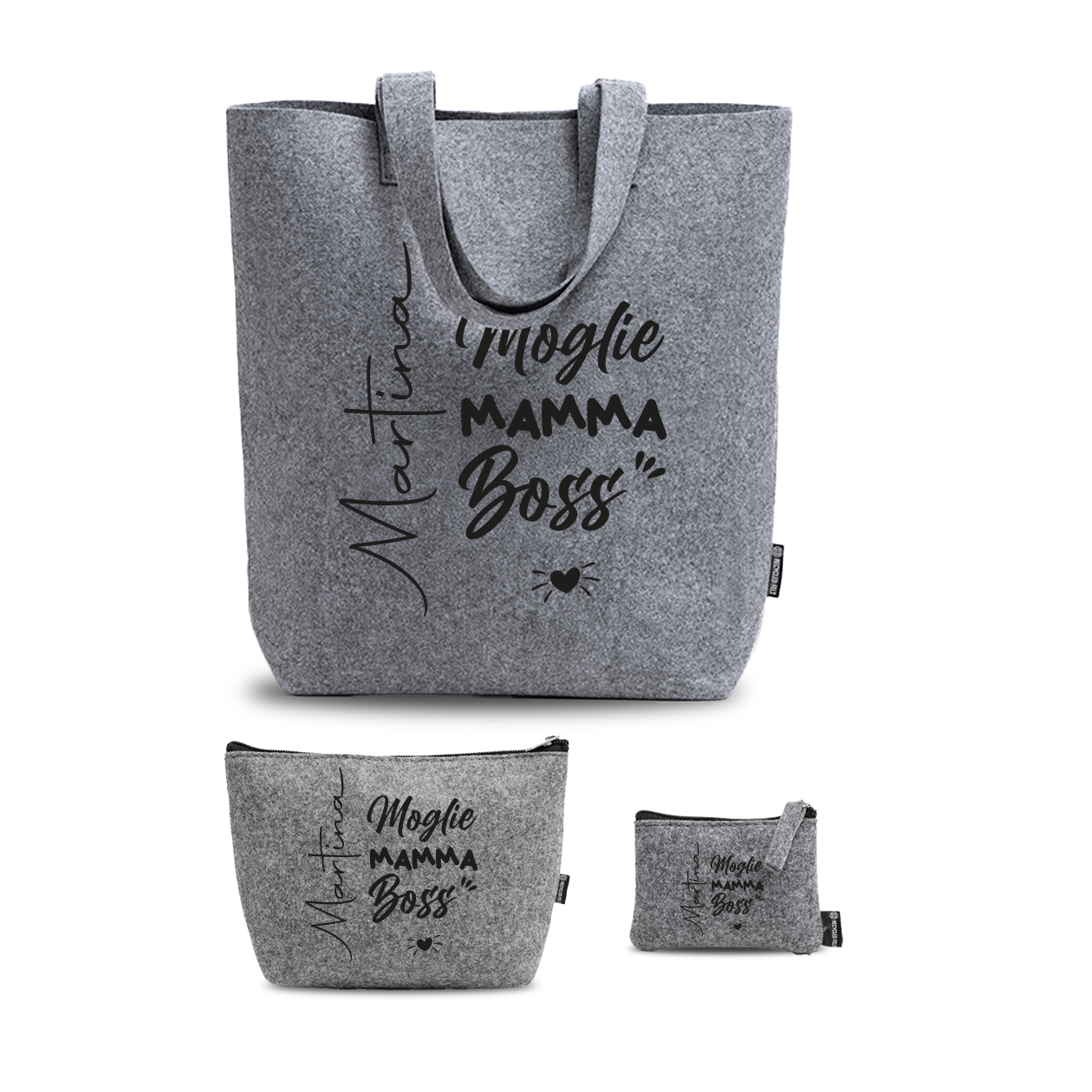 Moglie, Mamma, Boss - Tris Borse in feltro con designe melange - personalizzato con nome