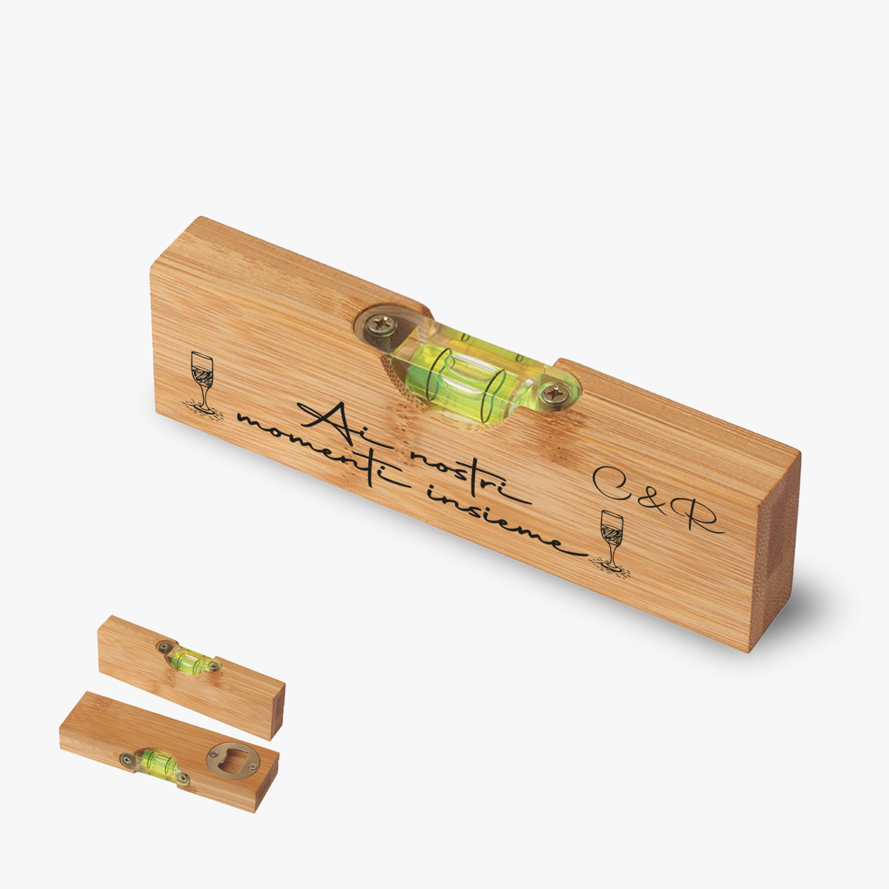 Ai nostri momenti insieme - Apribottiglia con mini livella - personalizzata con iniziali