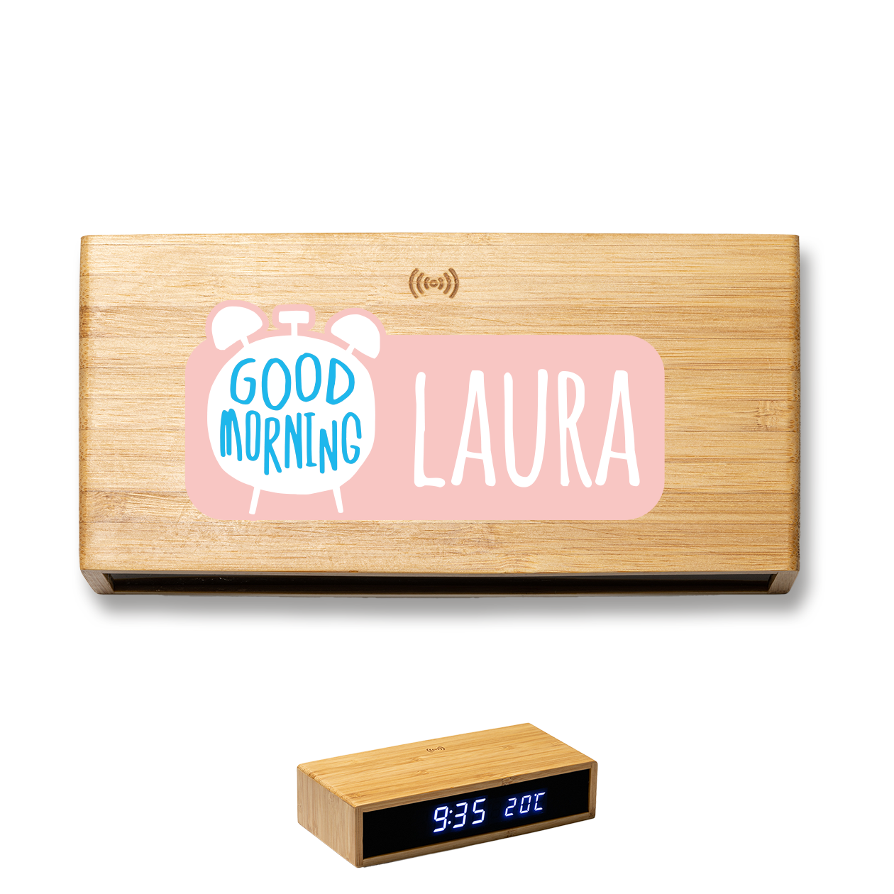 Good Morning - Sveglia Digitale in Bambù con Orologio da Tavolo - personalizzata con nome
