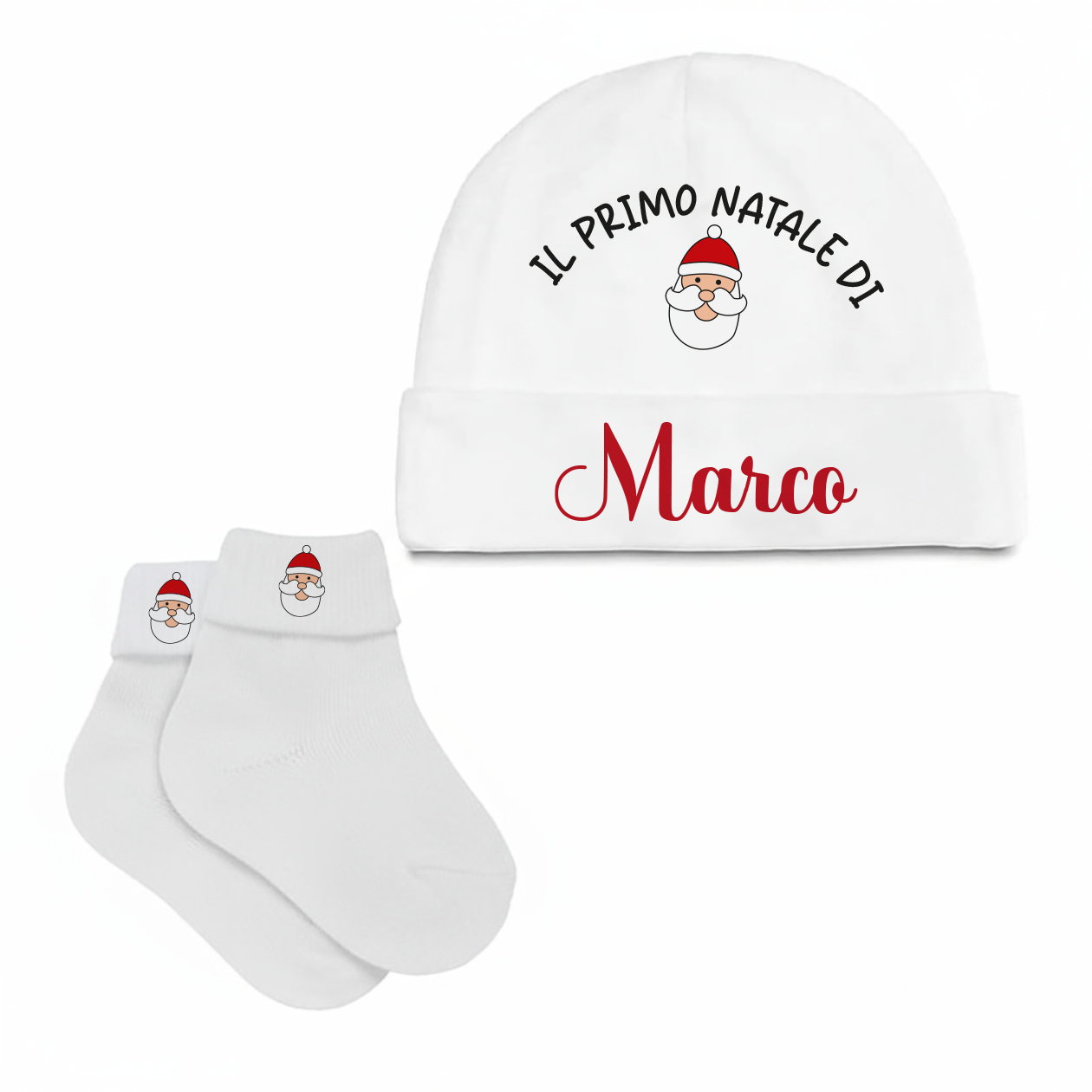 Il primo Natale di... - Set Nascita Cappellino + Calzini - personalizzato con nome