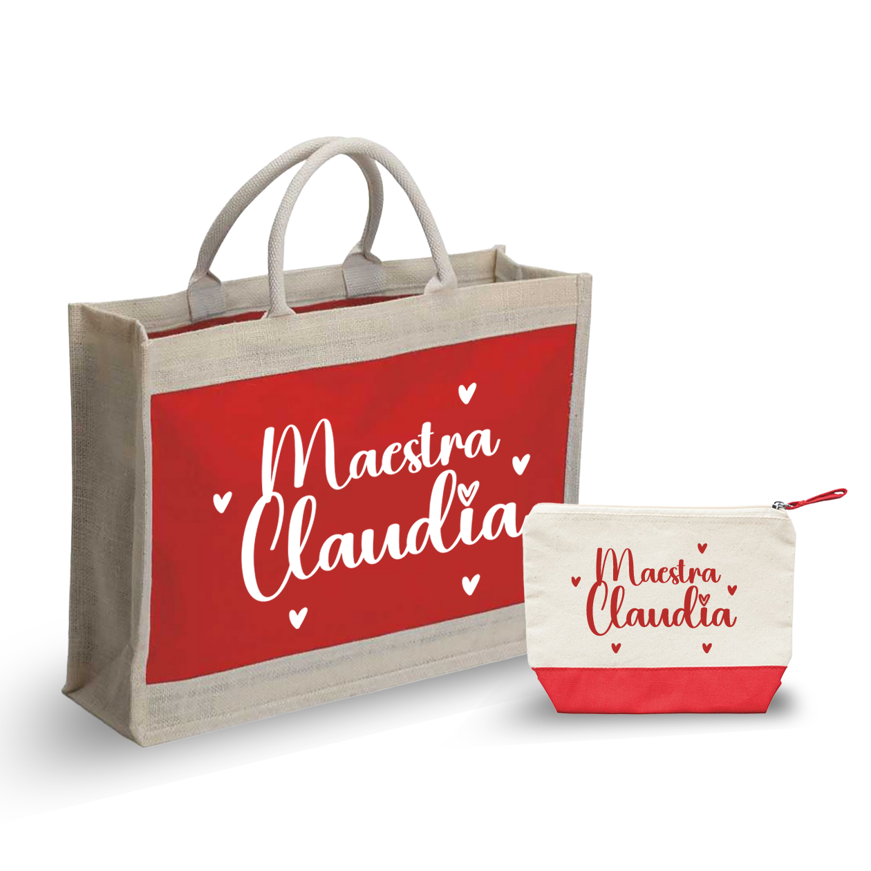 Maestra cuoricini - Combo: Borsa mare + Pochette - personalizzata con nome