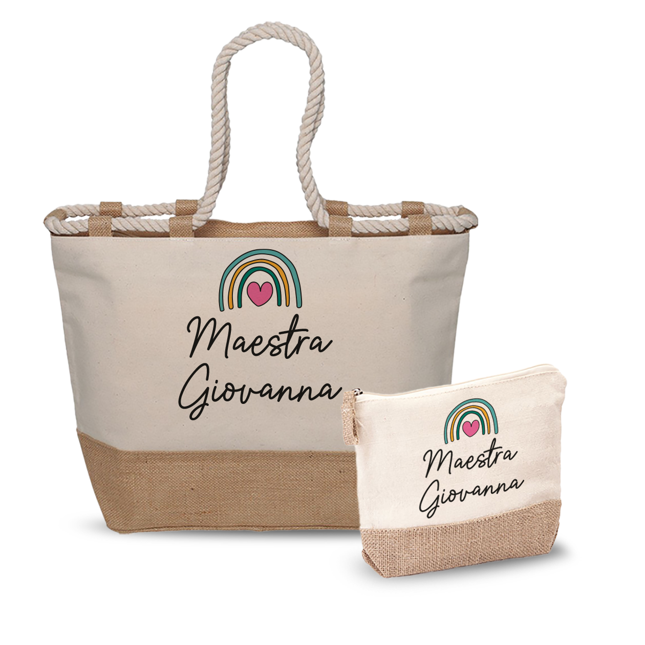 Maestra color rainbow - Combo: Borsa mare + Pochette - personalizzata con nome