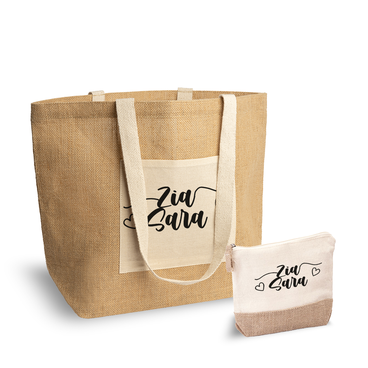 Zia name - Set Combo Borsa mare e Pochette in Juta laminata - personalizzato con nome