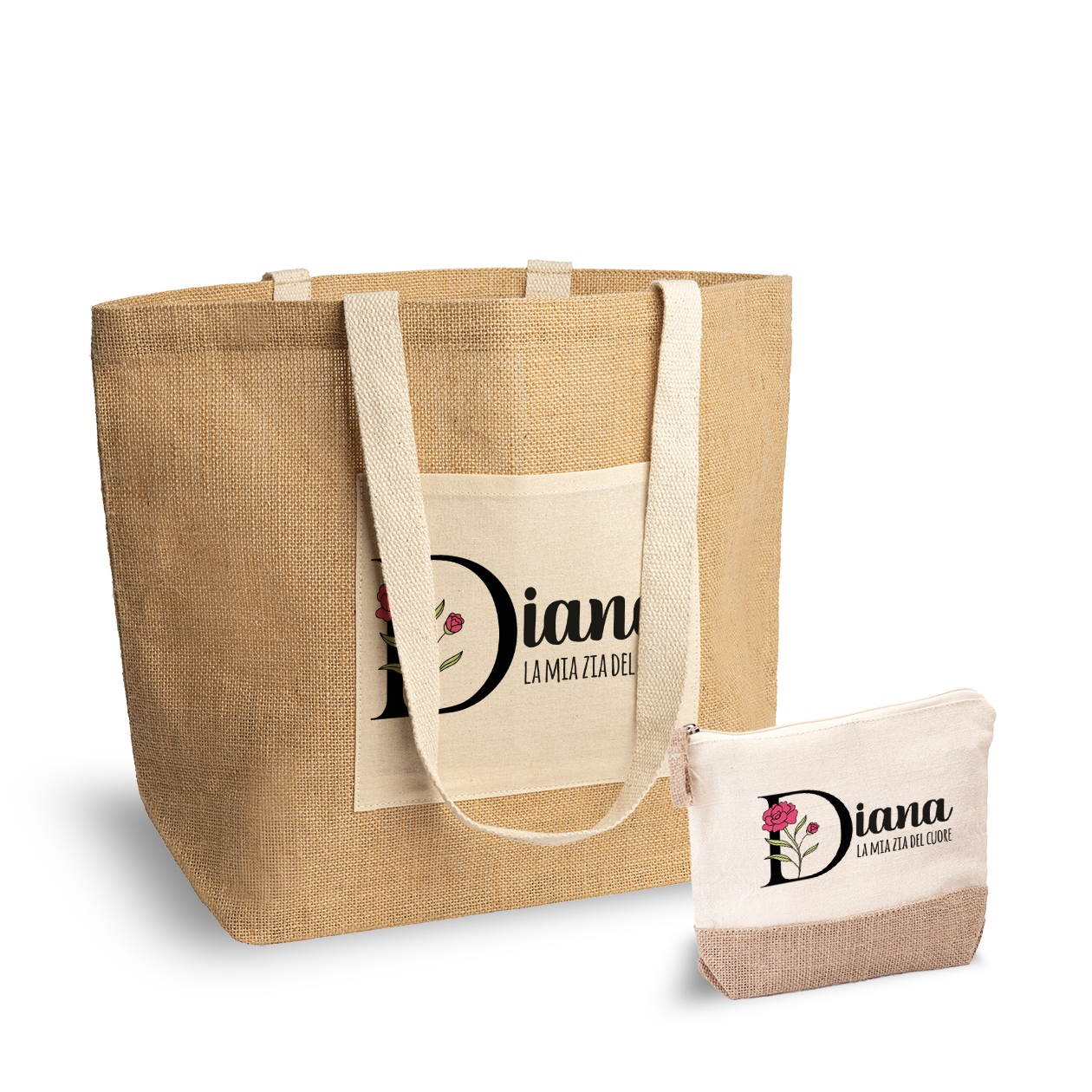 La mia zia del cuore - Set Combo Borsa mare e Pochette in Juta laminata - personalizzato con nome