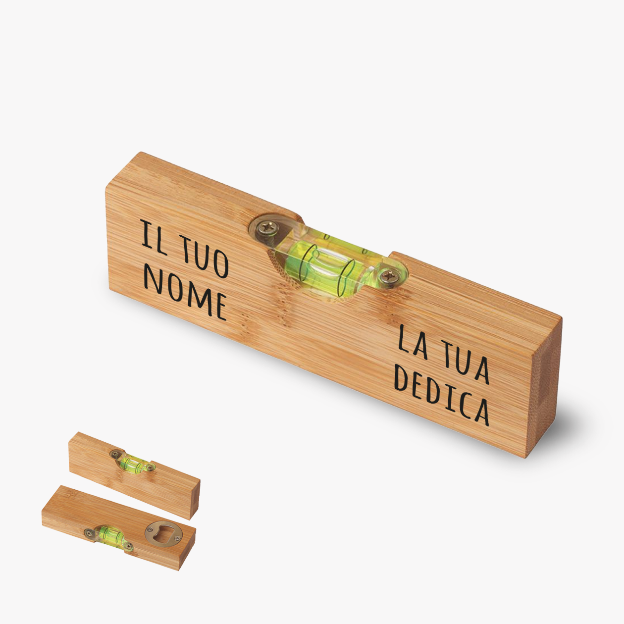 Nome e dedica - Apribottiglia con mini livella - personalizzata con nome e dedica