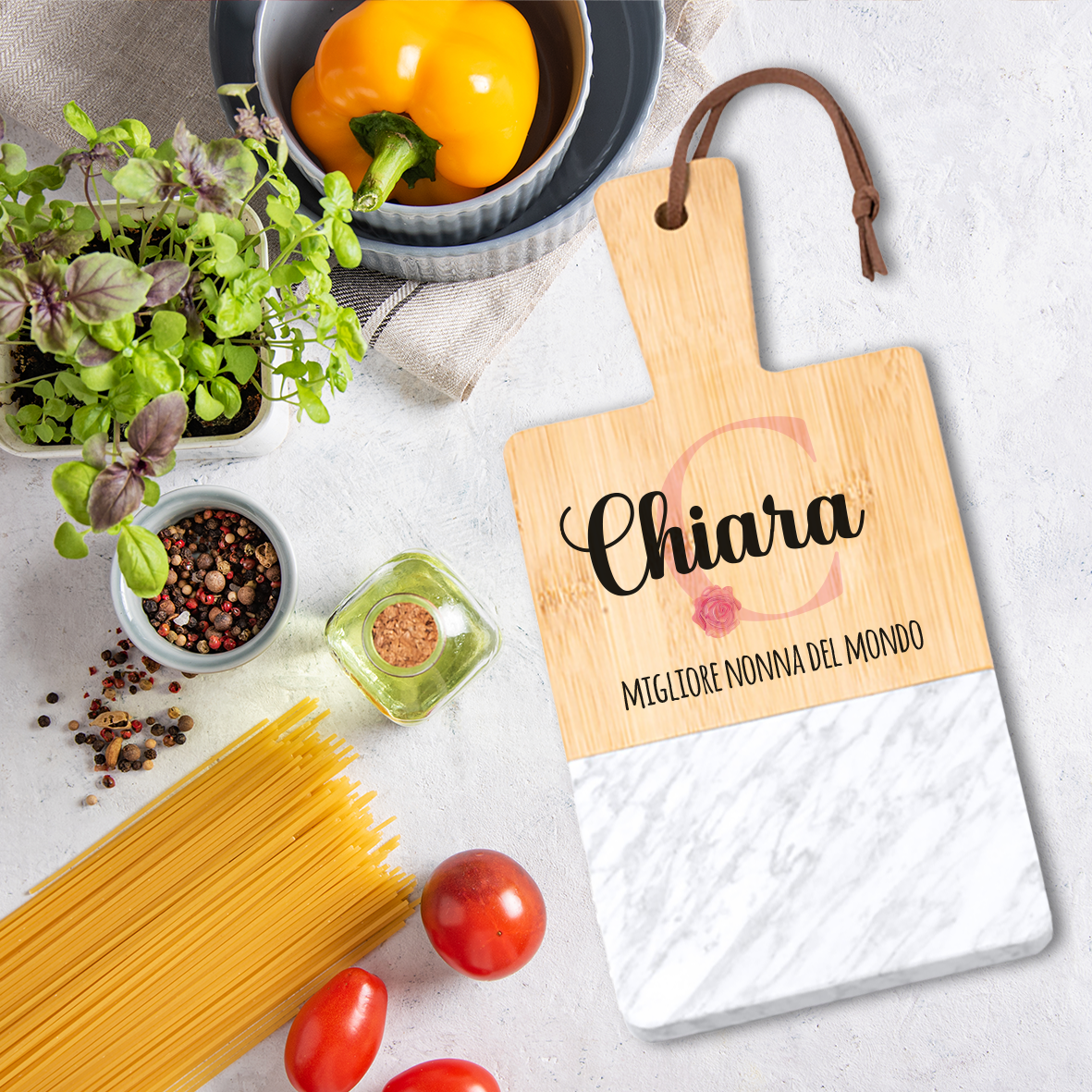 Migliore nonna del mondo - Tagliere in marmo e bamboo naturale - personalizzato con nome