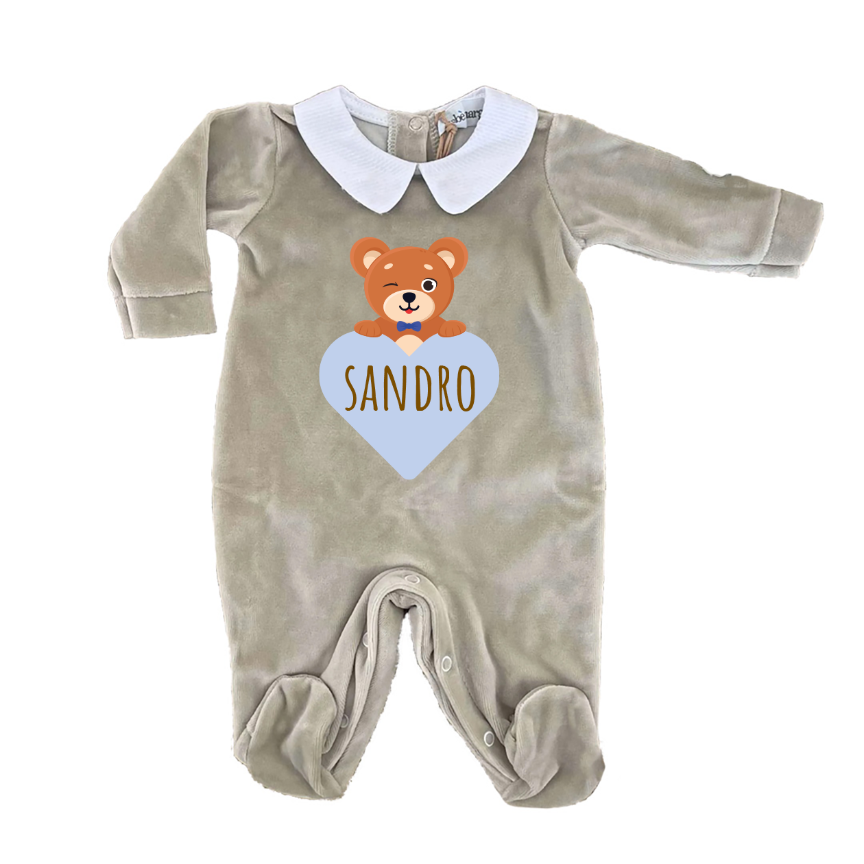 Baby Heart - Pagliaccetto Neonato in Ciniglia con Colletto Bianco Personalizzato con nome