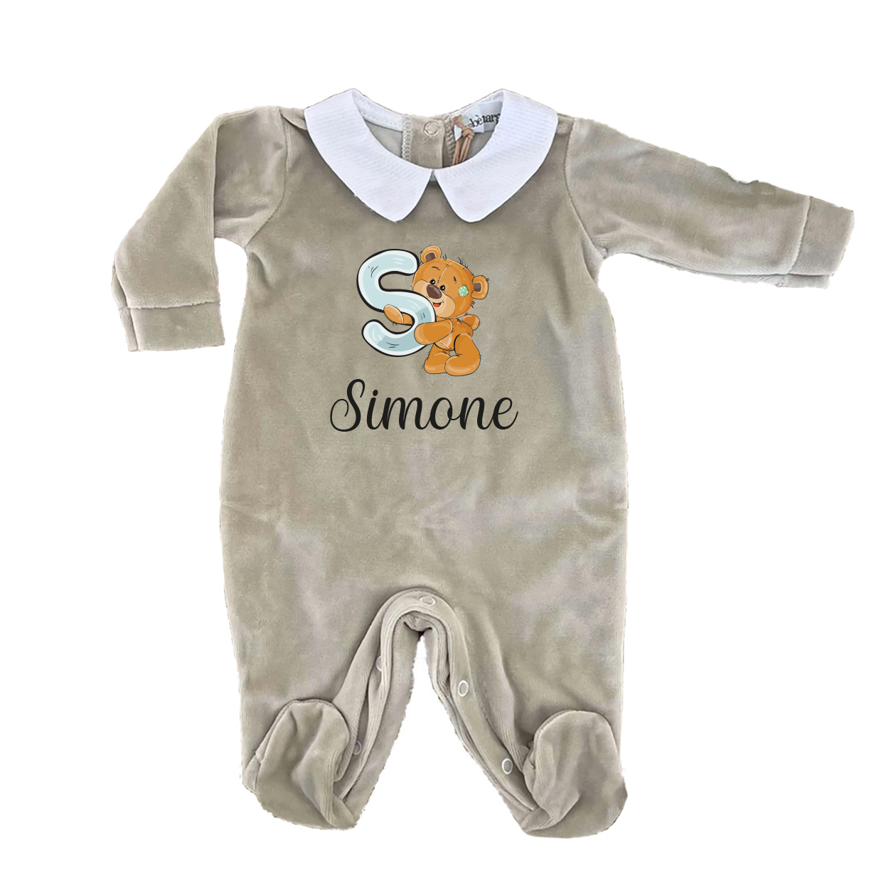 Teddy Bear - Pagliaccetto Neonato in Ciniglia con Colletto Bianco Personalizzato con nome e iniziale