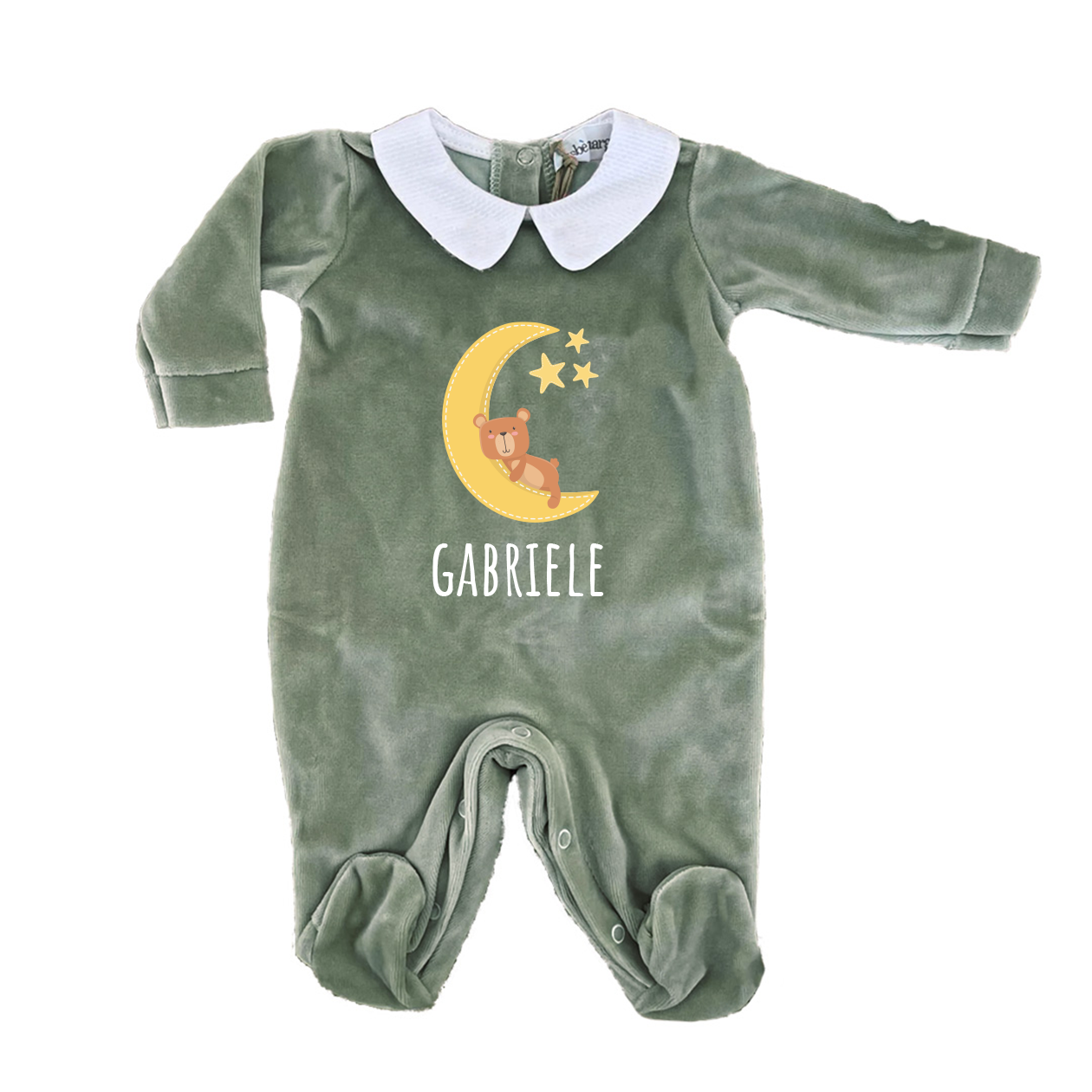 Baby Moon Stars - Pagliaccetto Neonato in Ciniglia con Colletto Bianco Personalizzato con nome